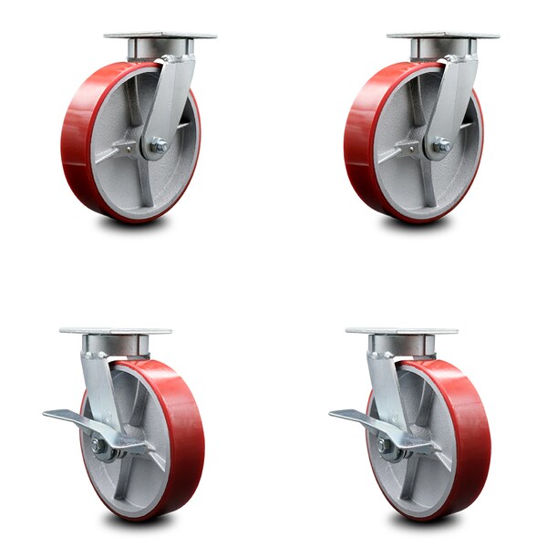 8 Inch Kingpinless Red Poly on Steel Wheel Swivel Caster Set with 2 Brakes SCC